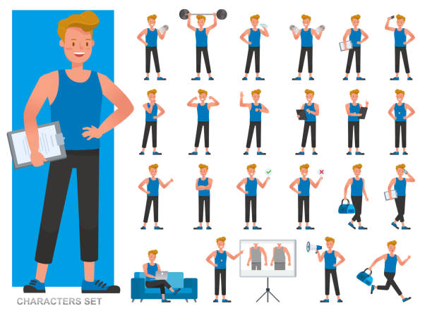 Set of Fitness trainer character vector design. Man dressed in sports clothes. Presentation in various action with emotions, running, standing and walking. Set of Fitness trainer character vector design. Man dressed in sports clothes. Presentation in various action with emotions, running, standing and walking. athletic trainer stock illustrations