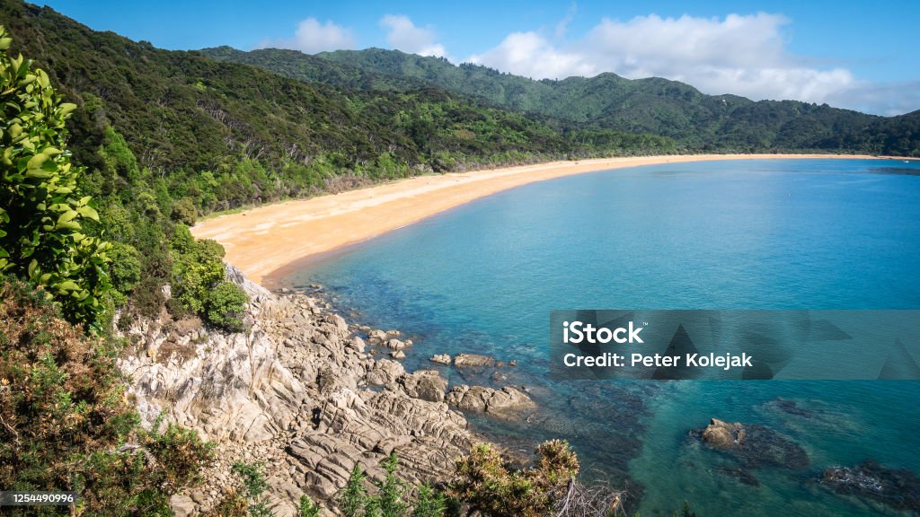 View on the tropical beach with golden sands and azure waters Landscape shot made in Abel Tasman National Park, New Zealand Abel Tasman National Park Stock Photo