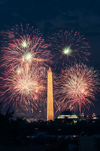 George Washington monument in Washington DC at night with fireworks.