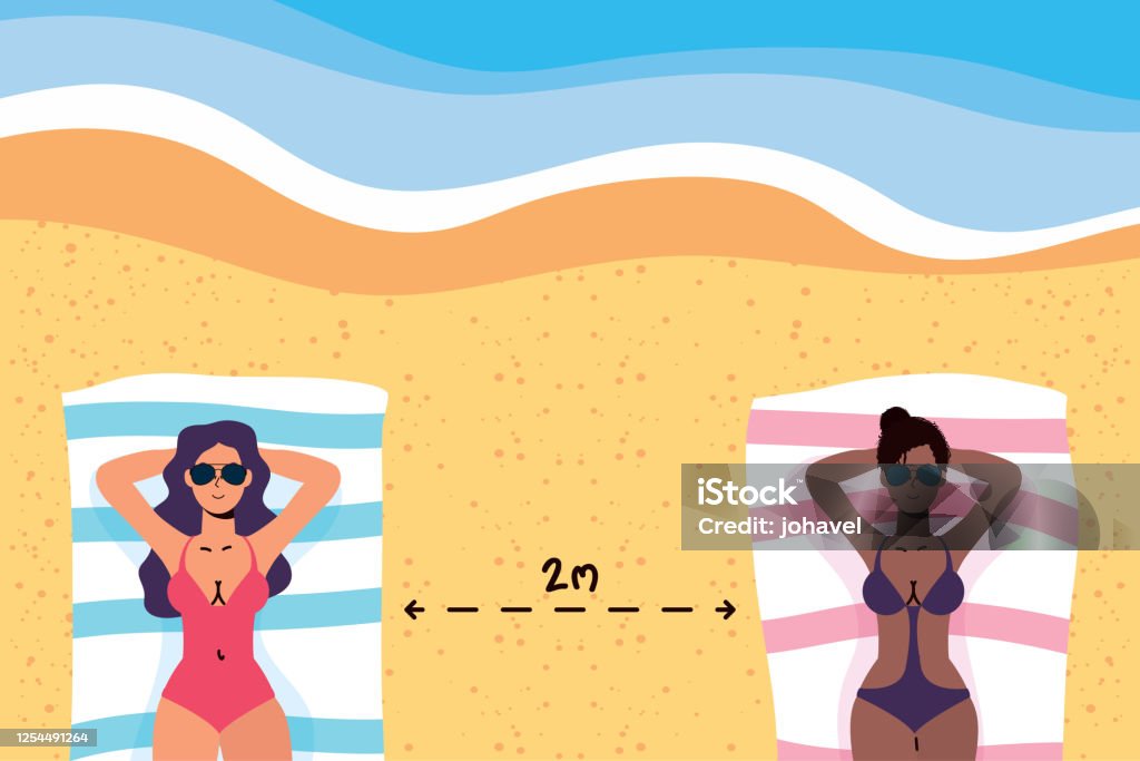 Interracial Women The Beach Practicing Social Distancing Scene Summer