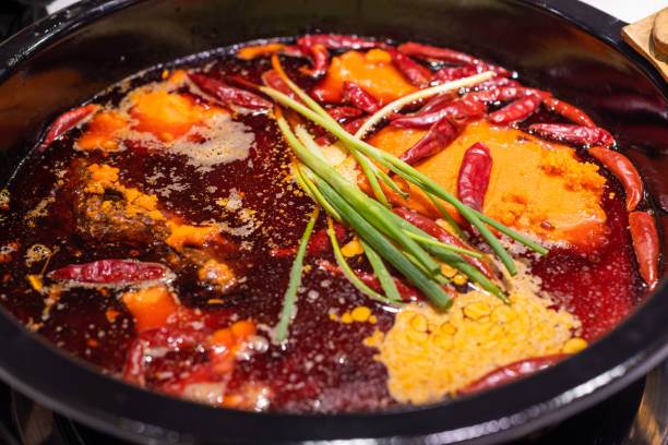 Sichuan boiling hotpot with chili pepper in Chengdu stock photo