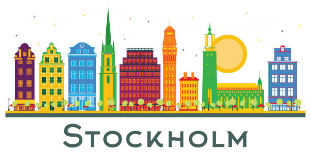 bildbanksillustrationer, clip art samt tecknat material och ikoner med stockholm sweden city skyline med färgbyggnader isolerade på vitt. - stockholm