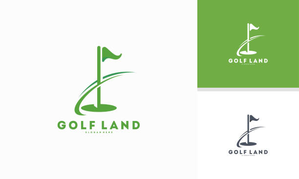 illustrazioni stock, clip art, cartoni animati e icone di tendenza di golf land logo progetta concept vector, bandiera golf con logo swoosh - golf