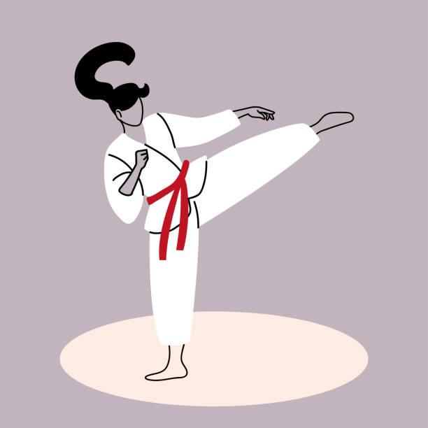 기모노의 가라데 여성 전투기, 일본 전통 무술 - karate kicking tae kwon do martial stock illustrations