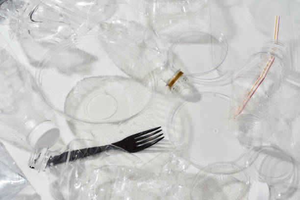 istock Flatlay composition with used plastic bottles, containers, forks, spoons, egg packaging, caps over white background 1254499037