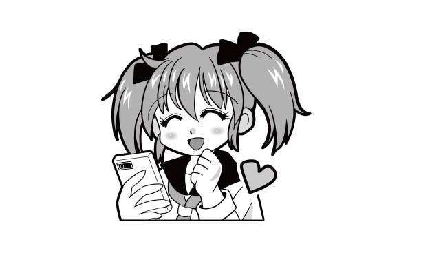 Japanese girl in uniform with twin tails operating a smartphone Japanese girl in uniform with twin tails operating a smartphone black and white anime girl stock illustrations