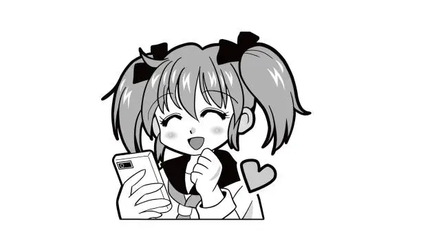 Vector illustration of Japanese girl in uniform with twin tails operating a smartphone