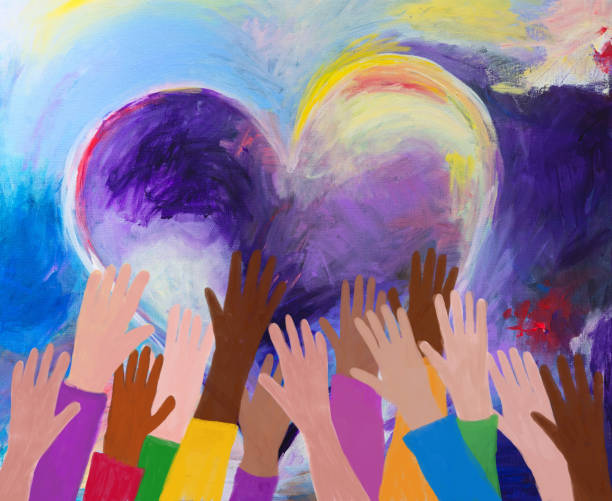Raised hands and heart shape acrylic painting Raised hands of multicultural group, love, unity, equality. Abstract acrylic on canvas and digital hand painting. My own work. racial equality stock illustrations