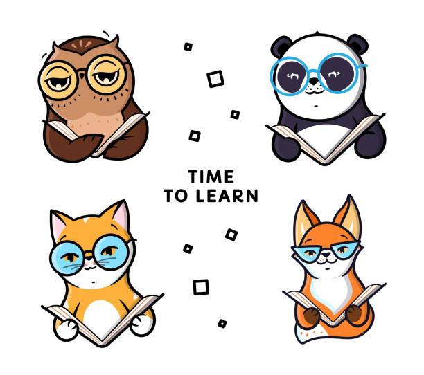 набор логотипа животных читает книгу. персонажи: панда, лиса, кошка, сова для образования - text animal owl icon set stock illustrations