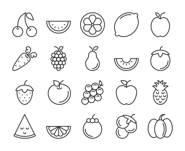 иконки плодоовощ. набор значков линии фруктов и овощей. векторная иллюстрация. редактируемый штрих. - strawberry vine pattern plant stock illustrations