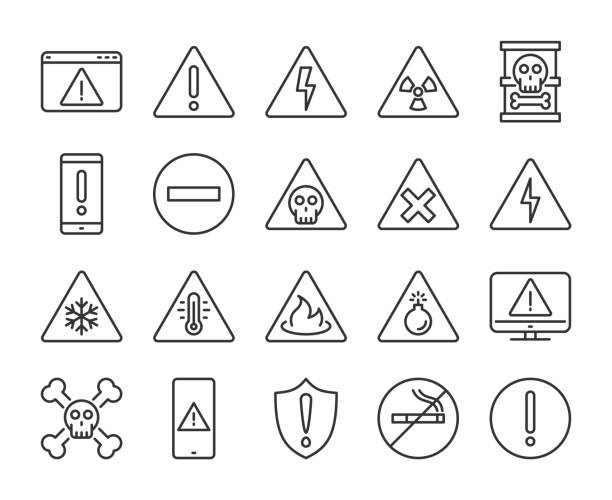 illustrations, cliparts, dessins animés et icônes de icônes d’avertissement. jeu d’icônes de ligne d’avertissements. illustration vectorielle. trait modifiable. - toxic substance danger warning sign fire