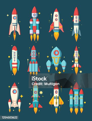istock Rockets space set. Star ships modern various shapesfire escaping engine heavy asteroid rigs class star destroyer multistage cargo passenger stylish color computer game design. Cartoon space vector. 1254503622