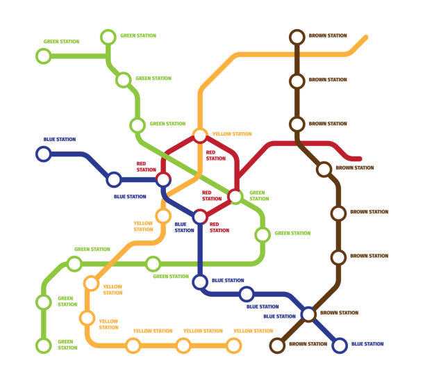 Map metro template illustration. Highspeed subway large number stations five multi kilometer directions each line highlighted with its own color concept modern underground travel. Vector clipart. Map metro template illustration. Highspeed subway large number stations five multi kilometer directions. tube map stock illustrations