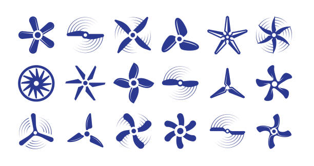 Propellers large set. Retro modern coolers turbine rotary helicopter blades airplanes turbulence stylish ventilation cooling systems graphic power air flow ship rotation energy. Vector aerial. Propellers large set. Retro modern coolers turbine rotary helicopter blades airplanes turbulence. propeller stock illustrations