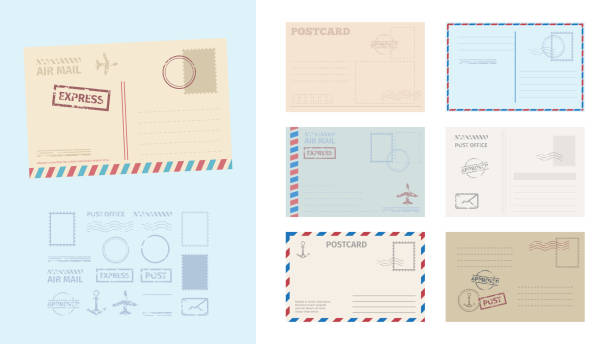 istock Envelope postcard template set. Stylish card greeting stamps postal services red blue frame fast delivery air ships retro design empty blank graphic template active old school. Delivery vector. 1254503795