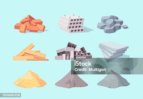 istock Material building set. Piles large gray cement facing stone drywall packaging yellow sand concrete blocks pile red brick curly cinder block processed wooden boards. Vector architectural cartoon. 1254504328