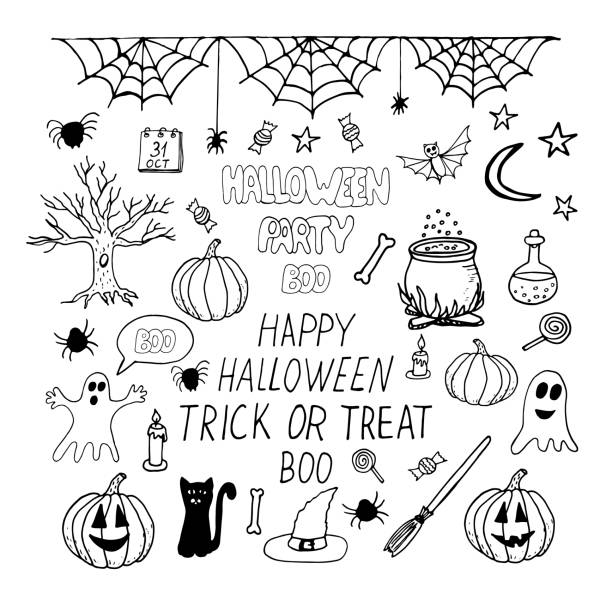 ilustraciones, imágenes clip art, dibujos animados e iconos de stock de halloween conjunto dibujado a mano en estilo garabateo. vector, escandinavo, monocromo. calabaza, telaraña, araña, caldero, poción, sombrero de bruja, escoba, fantasma, letras, árbol, gato negro, caramelo, murciélago: colección de elementos, pegatina - witch halloween cauldron bat