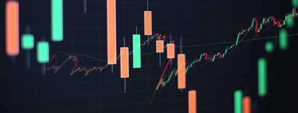 istock Technical price graph and indicator, red and green candlestick chart on blue theme screen, market volatility, up and down trend. Stock trading, crypto currency background. 1254506400