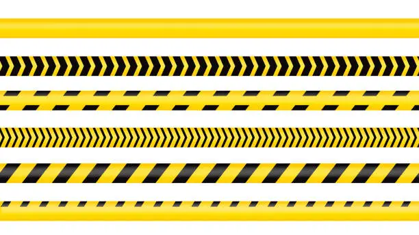 Vector illustration of Police tape, crime danger line. Caution police lines isolated. Warning tapes. Set of yellow warning ribbons. Vector illustration on white background.