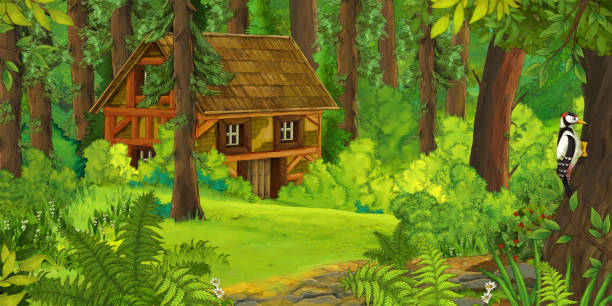 illustrations, cliparts, dessins animés et icônes de scène de dessin animé avec la maison de ferme en bois dans l’illustration de forêt - house rural scene field residential structure