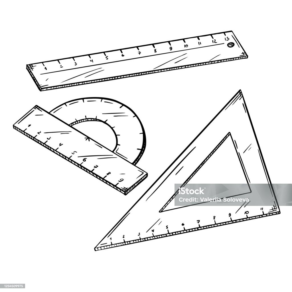 A Set Of School Lines Ruler Corner And Protractor Office Supplies For  Drawing Work School Supplies Black And White Vector Sketch Style Draft Hand  Drawn Isolated On A White Background Stock Illustration 