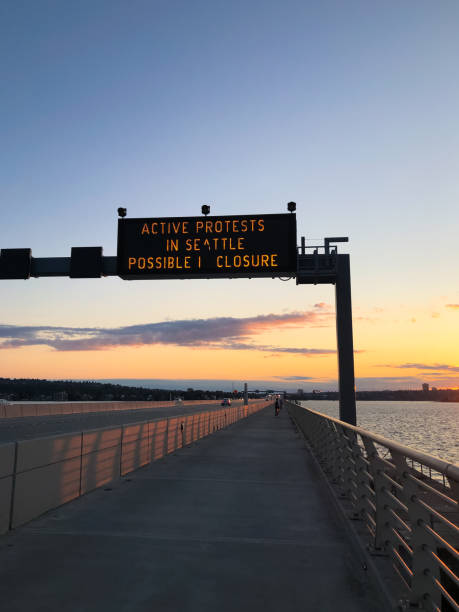 Seattle 520 bridge with a sign warning