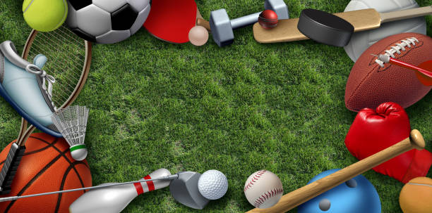 Recreation leisure sports equipment on grass with a football basketball baseball golf soccer tennis ball volleyball and badminton birdie as a symbol of healthy physical activity with 3D illustration elemrents.