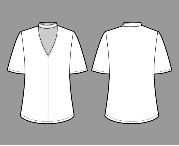 istock Blouse technical fashion illustration with short bell sleeves, cuff, oversized body, snap fastening choker at the neck 1254513547