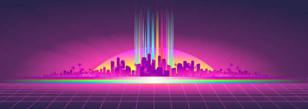 ilustrações, clipart, desenhos animados e ícones de realidade virtual de banner horizontal futurista - light waving rainbow vector