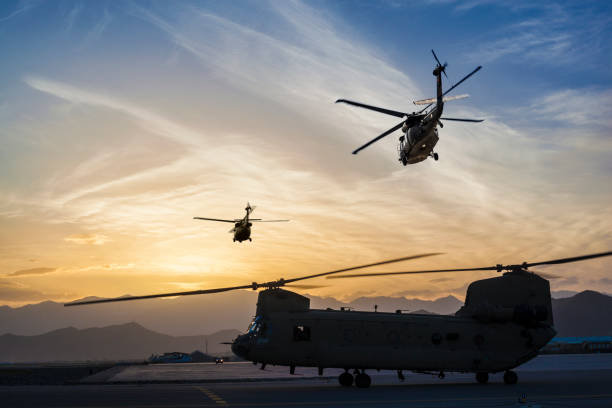 Helicopters of Swiss Air Force and US Air Force with US vice president on the way to Bürgenstock Ukraine Peace Conference on a cloudy spring day. Photo taken June 15th, 2024, Zurich, Switzerland.
