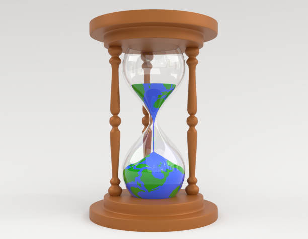 Climate Change Hourglass 3d Illustration Climate change & global warming concept image. A 3d Illustration of hourglass with blue and green earth texture on the sand. climate justice photos stock pictures, royalty-free photos & images