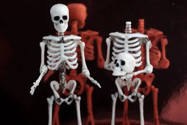 Photo of two skeletons stand and talk one of them without a head