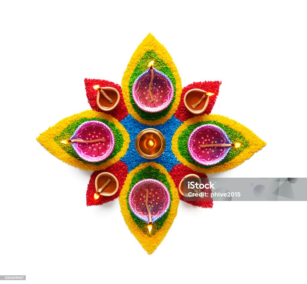 Happy Diwali Oil Lamp On Colorful Rangoli Over White Background ...