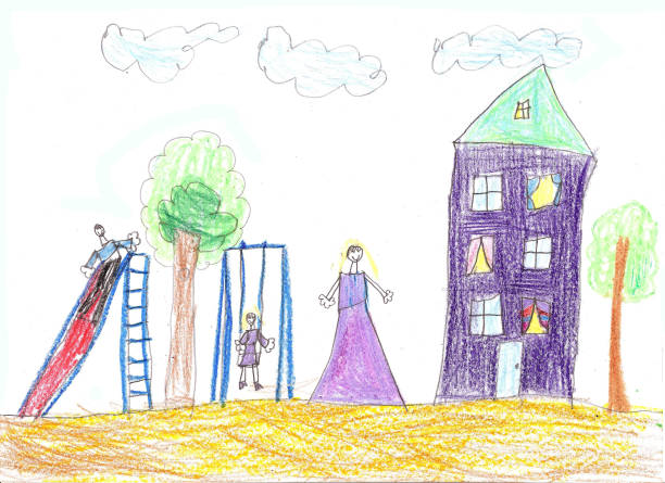 子供の絵の家族。家、木、ベンチ - childs drawing child preschool crayon点のイラスト素材／クリップアート素材／マンガ素材／アイコン素材
