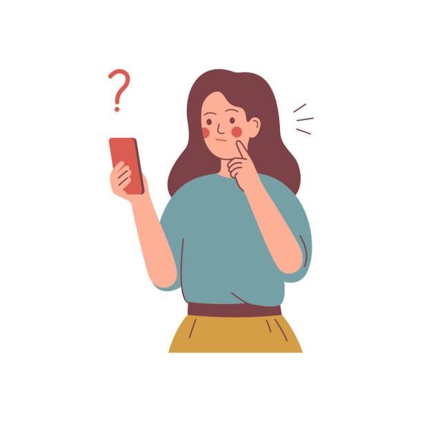 若い女の子がスマートフォンでメッセージを送信し、考えています - question mark asking problems thinking点のイラスト素材／クリップアート素材／マンガ素材／アイコン素材