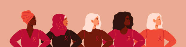 ilustraciones, imágenes clip art, dibujos animados e iconos de stock de cinco mujeres con cintas rosas de diferentes nacionalidades están juntas. cáncer de mama - cáncer de mama ilustraciones