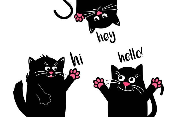 Funny black cats say Hello when they meet. Funny Kawaii animal. Funny black cats say Hello when they meet. Funny Kawaii animal. black cat isolated. Vector cartoon Illustration in flat. Cute cartoon character. cat muzzle meowing cartoon stock illustrations