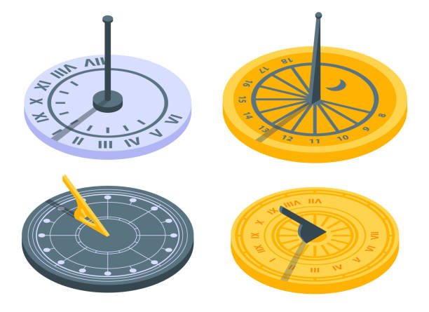 Sundial  icons set, isometric style Sundial icons set. Isometric set of sundial vector icons for web design isolated on white background ancient sundial stock illustrations