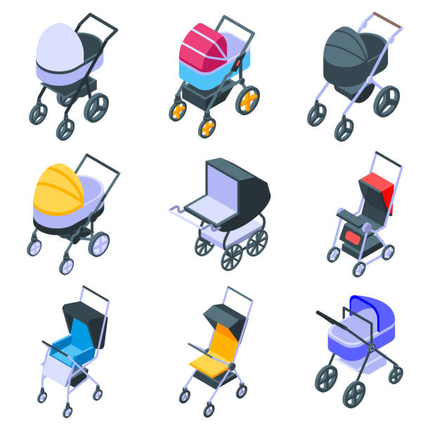 Pram icons set, isometric style Pram icons set. Isometric set of pram vector icons for web design isolated on white background baby carriage stock illustrations