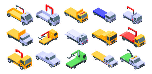 ilustraciones, imágenes clip art, dibujos animados e iconos de stock de conjunto de iconos de camiones de remolque, estilo isométrico - isometric truck traffic semi truck