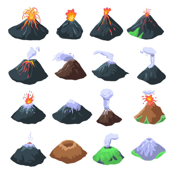 ilustraciones, imágenes clip art, dibujos animados e iconos de stock de conjunto de iconos de volcanes, estilo isométrico - volcano