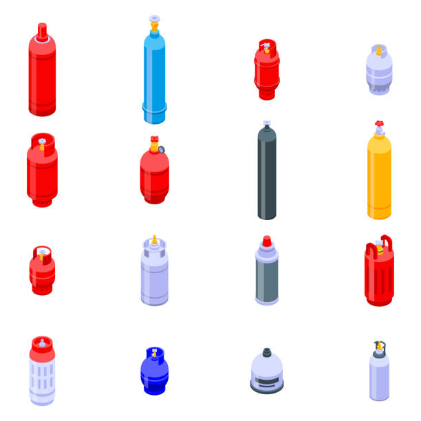 ilustraciones, imágenes clip art, dibujos animados e iconos de stock de conjunto de iconos de cilindros de gas, estilo isométrico - liquid propane gas