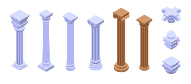 ilustraciones, imágenes clip art, dibujos animados e iconos de stock de conjunto de iconos de pilar, estilo isométrico - column greece pedestal classical greek