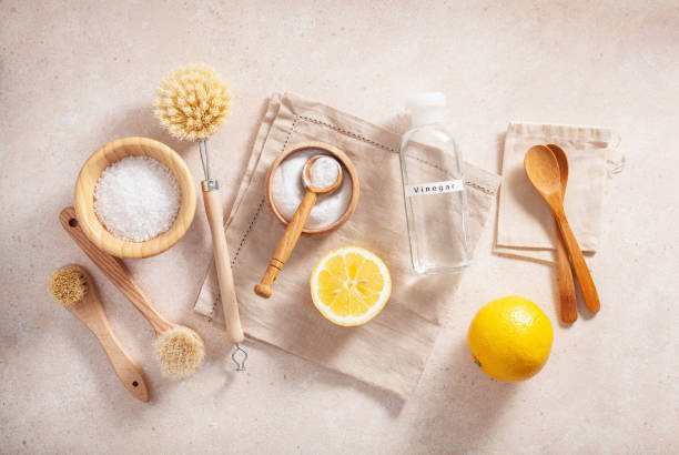 istock zero waste eco friendly cleaning concept. wooden brushes, lemon, baking soda, vinegar 1254525279