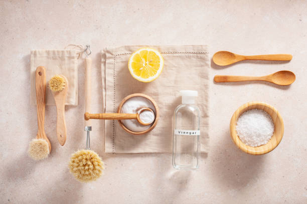 istock zero waste eco friendly cleaning concept. wooden brushes, lemon, baking soda, vinegar 1254525295