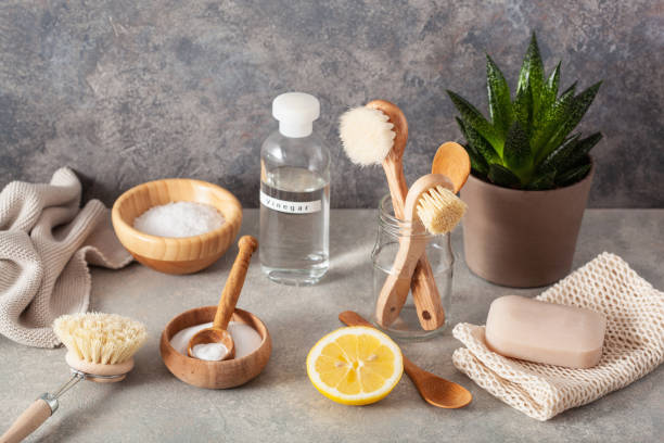 istock zero waste eco friendly cleaning concept. wooden brushes, lemon, baking soda, vinegar 1254526848