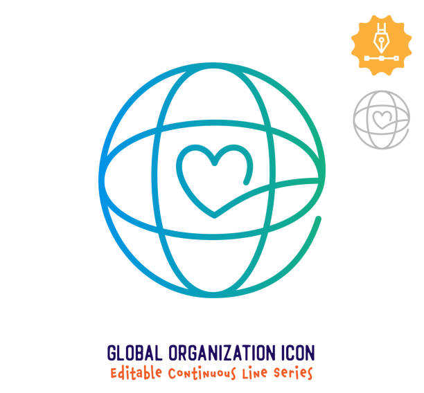 Global Organization Continuous Line Editable Stroke Line Global organization vector icon illustration for logo, emblem or symbol use. Part of continuous one line minimalistic drawing series. Design elements with editable gradient stroke line. global warm stock illustrations