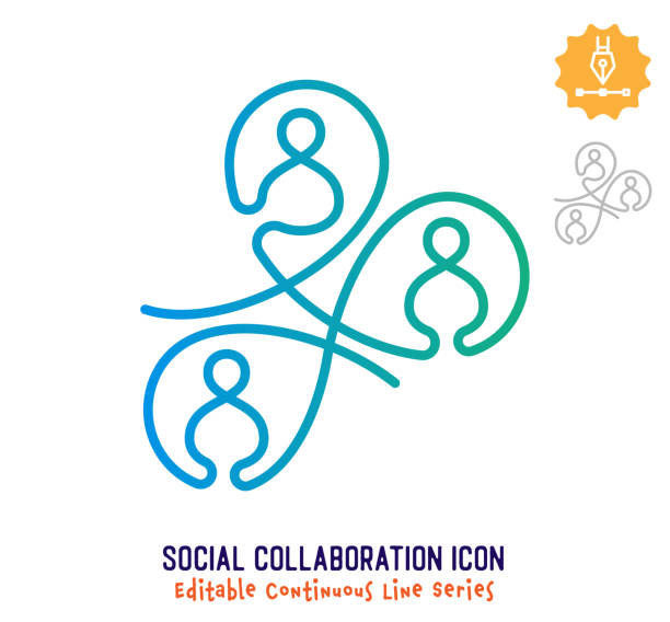 Social Collaboration Continuous Line Editable Stroke Line Social collaboration vector icon illustration for logo, emblem or symbol use. Part of continuous one line minimalistic drawing series. Design elements with editable gradient stroke line. togetherness illustrations stock illustrations