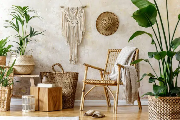Photo of Stylish and floral composition of living room interior with rattan armchair, a lot of tropical plants in design pots, decoration, macrame and elegant personal accessories in cozy home decor.