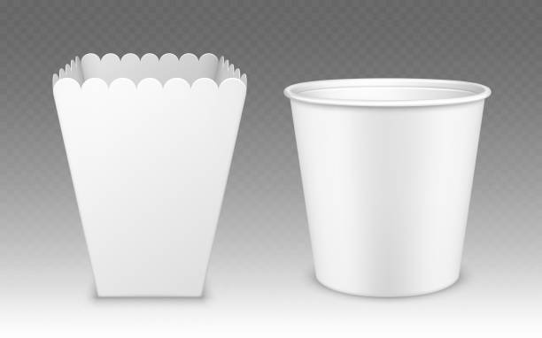 пустое ведро для попкорна, куриные крылья или ноги макет - cylinder box packaging three dimensional shape stock illustrations